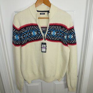 Izod Cream Sweater with Red and Blue Pattern
